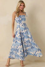 Women's Santorini Sketch Blue Palm Print Tie Strap Maxi Dress | 50% Cotton & 50% Rayon 2