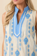 Women's Seaside Dreaming Blue Embroidered Contrast Trim Mini Shift Dress | 70% Nylon & 30% Linen 2