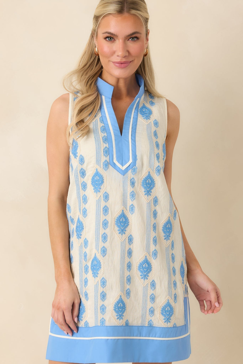 Women's Seaside Dreaming Blue Embroidered Contrast Trim Mini Shift Dress | 70% Nylon & 30% Linen 6
