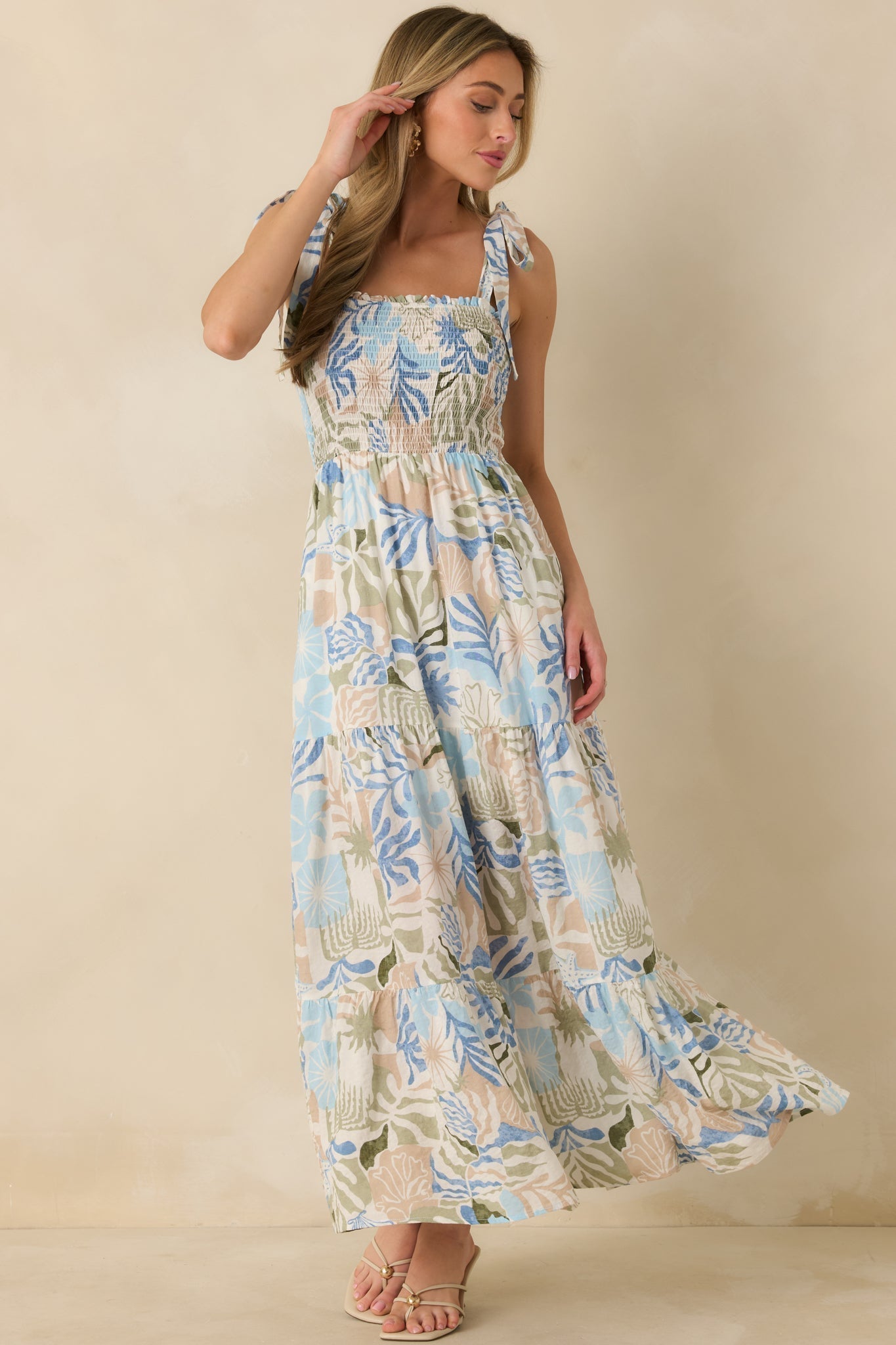 Women's Shoreline Sonata Blue Multi Palm Print Tie Strap Tiered Maxi Dress | 60% Cotton & 40% Rayon 4