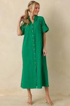Women's Show Me the Way Kelly Green Cotton Button Front Midi Shirt Dress | 100% Cotton 4