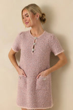 Women's Soft Kisses Dusty Pink Short Sleeve Tweed Mini Dress | 57% Polyester 1