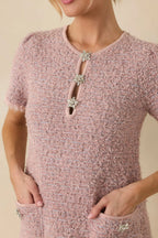 Women's Soft Kisses Dusty Pink Short Sleeve Tweed Mini Dress | 57% Polyester 2