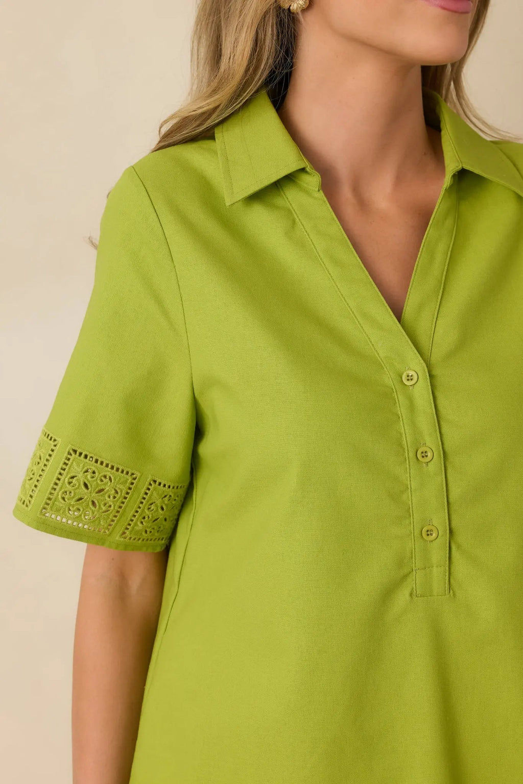 Women's Something About You Avocado Green Cotton Blend Cut Out Detail Mini Shirt Dress | 50% Cotton 2