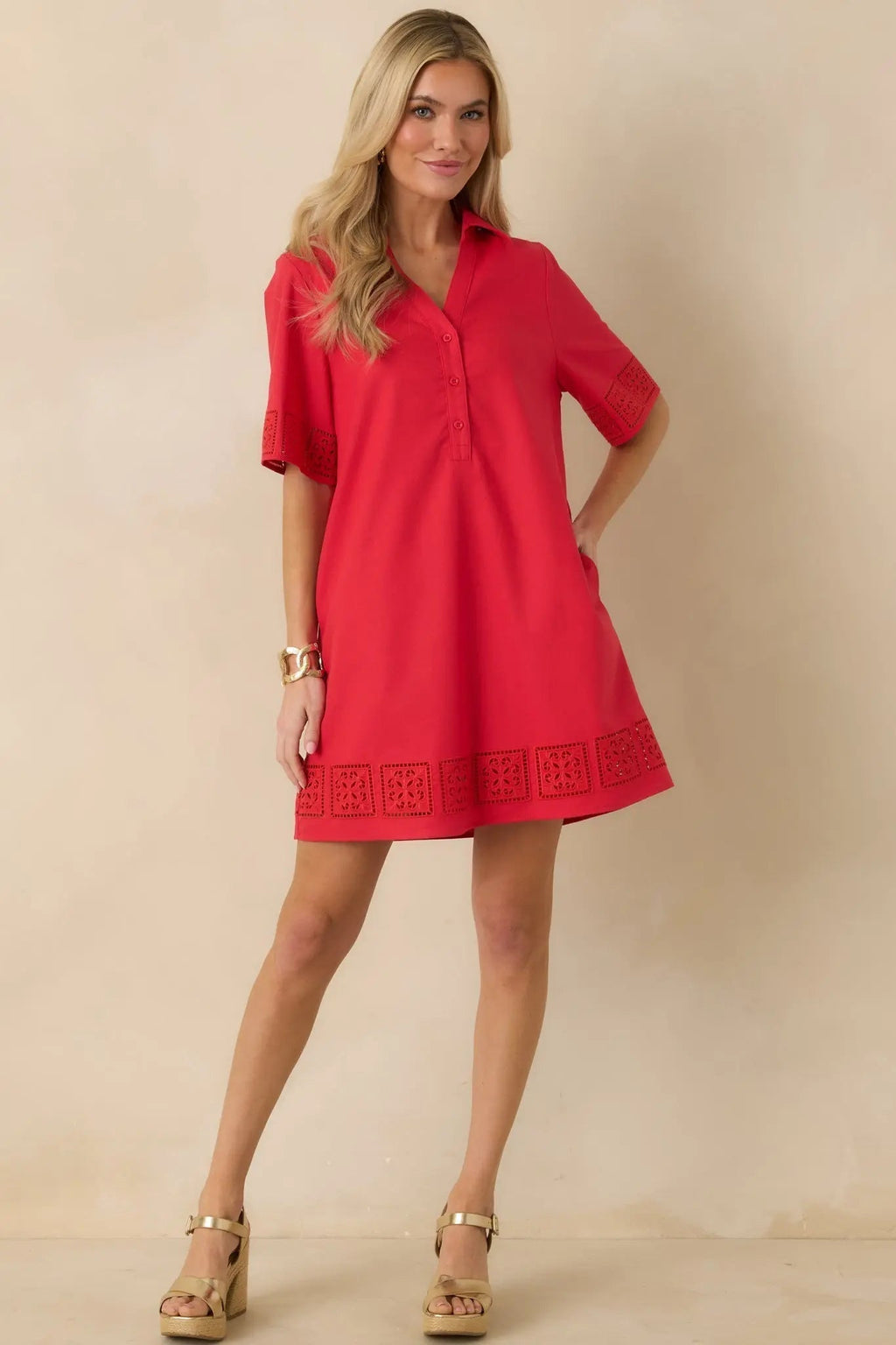 Women's Something About You Red Cotton Blend Cut Out Detail Mini Shirt Dress | 50% Cotton 2