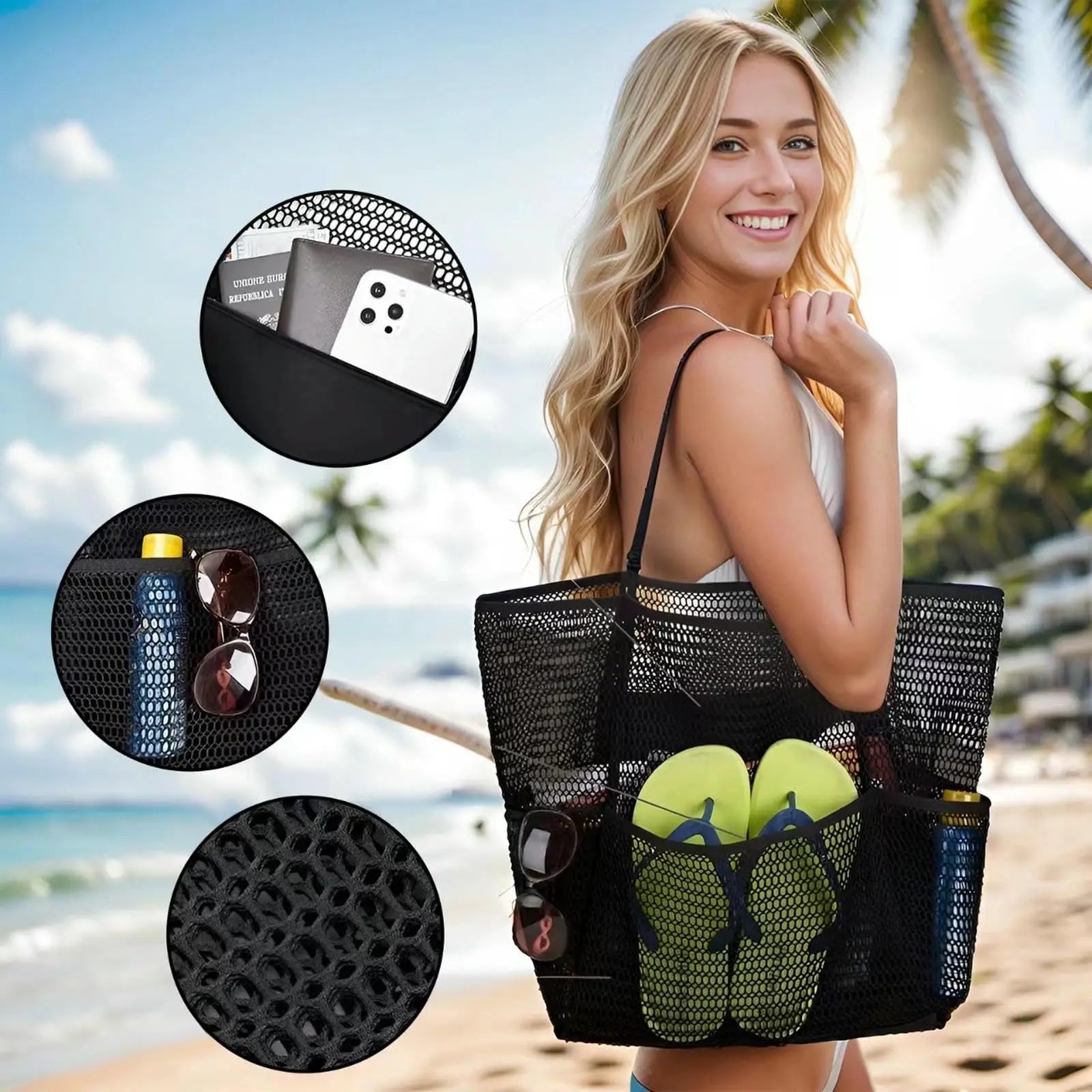 Stylish Beach Tote Bag | Large Capacity Open Top Design with Extra Pocket | Versatile for Women’s Travel and Shopping