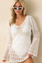 Women's The Breeze In My Hair White Open Knit Cover Up Mini Dress | 100% Polyester 3