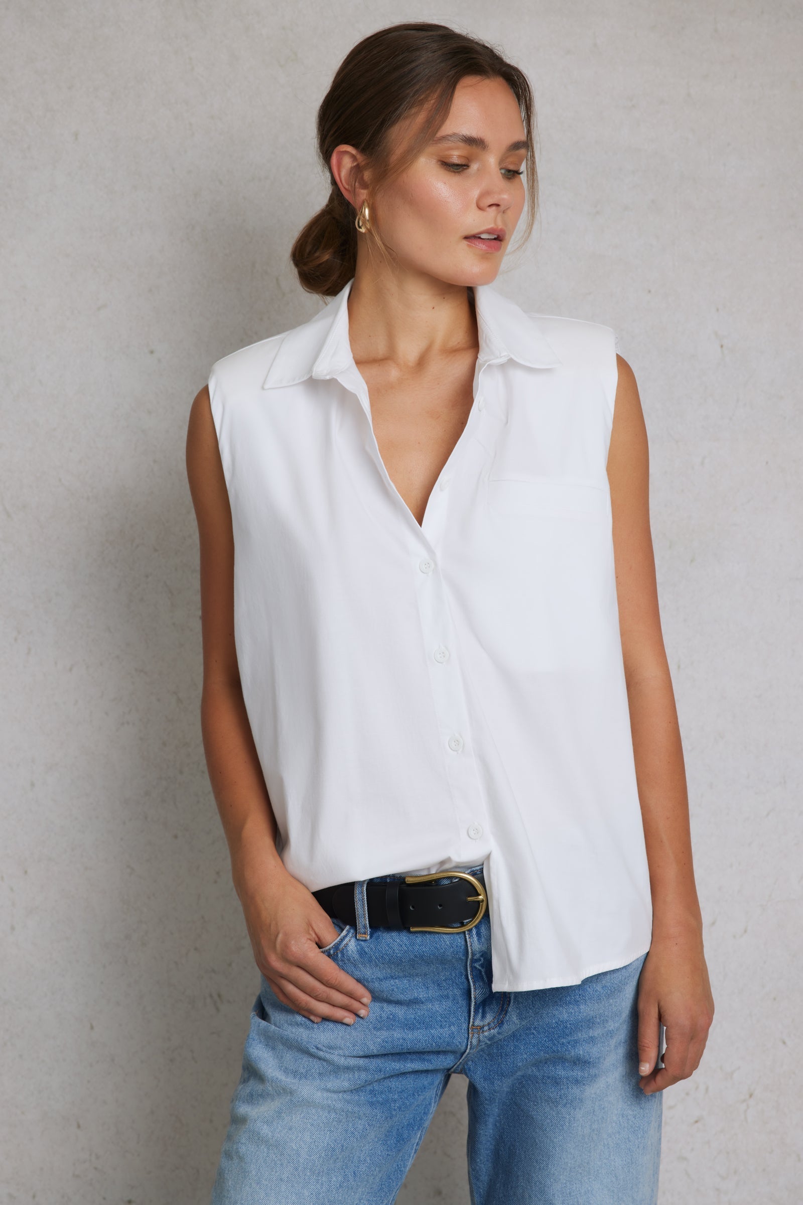 Timeless Collection | Sleeveless White Shirt with Padded Shoulders | Versatile Summer Staple for Effortless Style