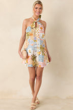 Women's Twist & Spritz Citrus Patchwork Halter Mini Dress | 65% Cotton & 35% Polyester 1