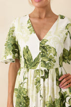 Women's Under Swaying Palms Ivory & Green Tropical Flutter Maxi Dress | 75% Rayon & 25% Linen 1