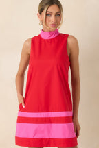 Women's Up to Something Red & Pink Contrast Tie-Back Sleeveless Mini Dress | 65% Polyester & 35% Cotton 3