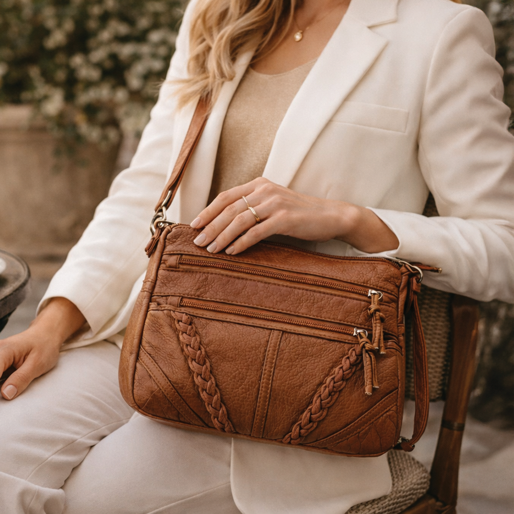 Vegan Leather Crossbody Bag with Multi-Zippered Compartments | Stylish Crossbody Purse for Everyday Organization