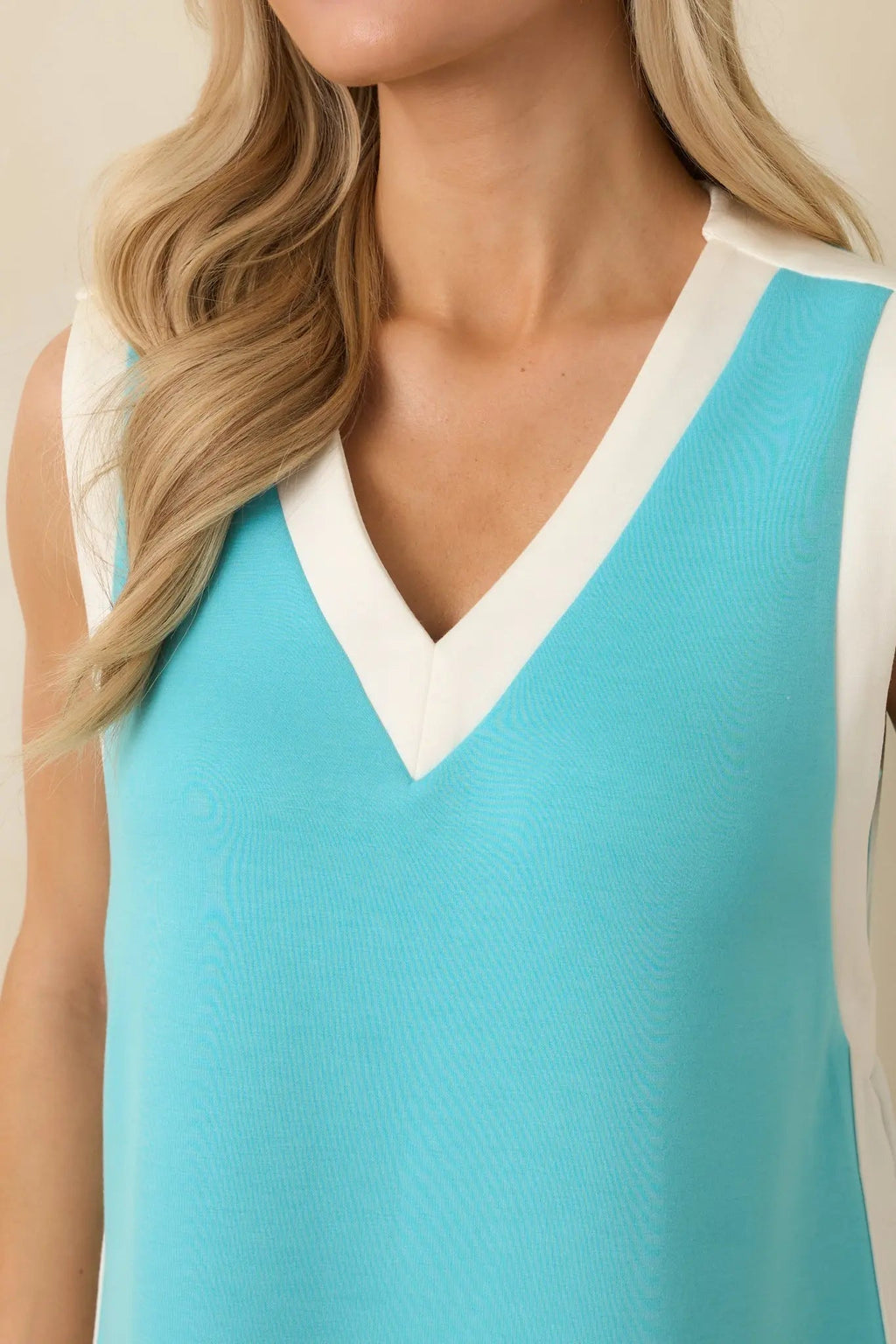 Women's Well Defined Aqua Blue Jersey Knit Contrast Trim Sleeveless Mini Dress | 55% Rayon 1