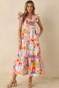 Women's Where the Sun Goes Orange & Pink Multi Cotton V-Neck Flutter Sleeve Maxi Dress | 100% Cotton 0