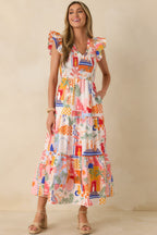 Women's Where the Sun Goes Orange & Pink Multi Cotton V-Neck Flutter Sleeve Maxi Dress | 100% Cotton 4