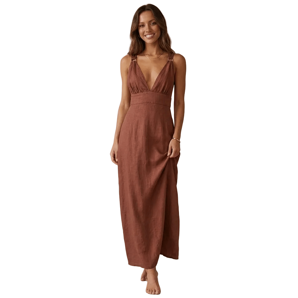 Sleeveless Linen Maxi Dress — Deep V-Neck