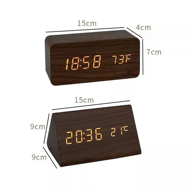 Wooden Digital Alarm Clock — Brightness & Temp Display