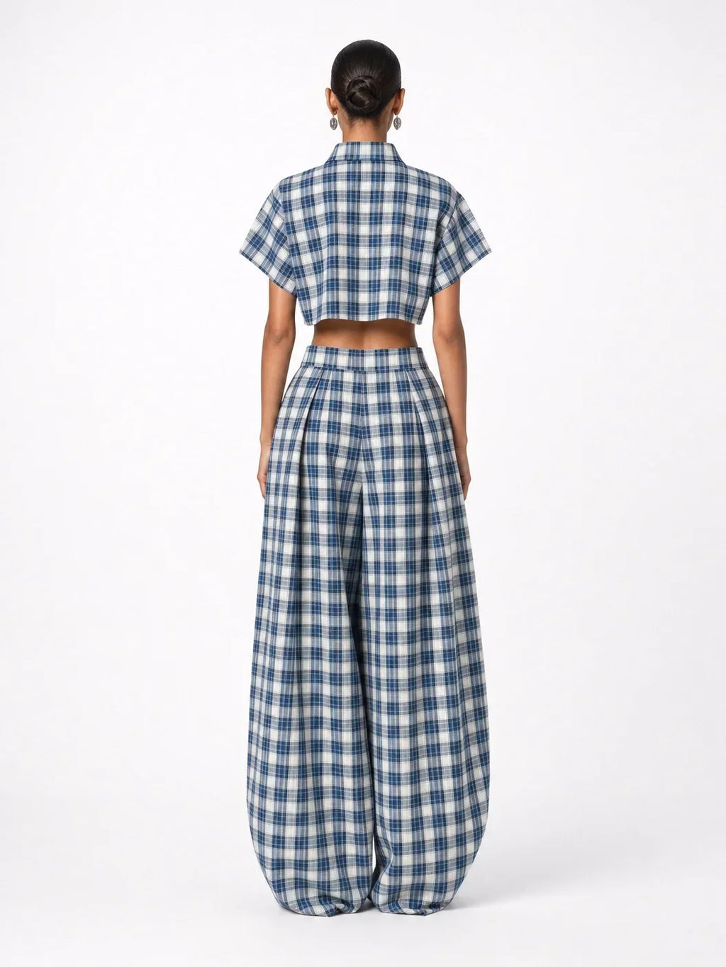 Blue & White Plaid Two-Piece Set — Crop Top & Wide-Leg Pants
