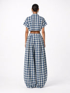 Blue & White Plaid Two-Piece Set — Crop Top & Wide-Leg Pants