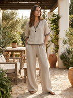 Model in linen two-piece set