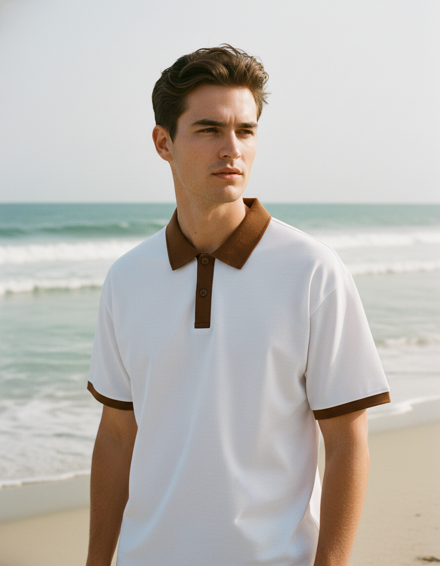 Brown men's breathable short-sleeve knit polo shirt