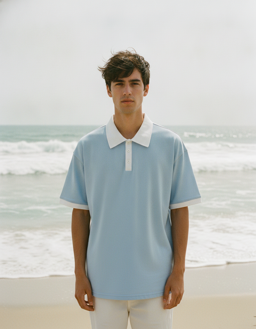 Sky blue men's breathable short-sleeve knit polo shirt