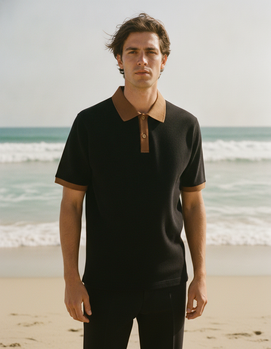 Black men's breathable short-sleeve knit polo shirt