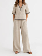 Women's linen two-piece set with V-neck loose top and wide-leg pants, front view