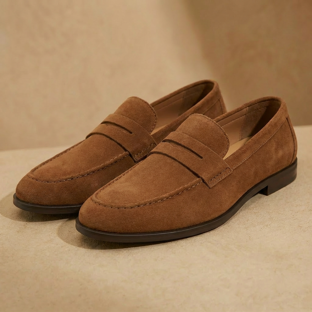 Bronze suede penny loafers