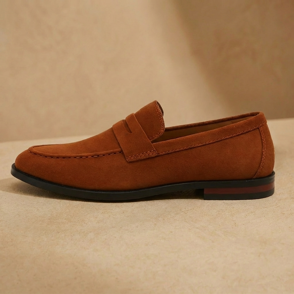Brown suede penny loafers