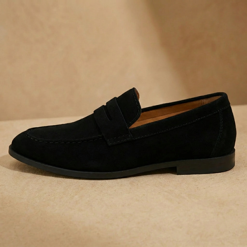 Black suede penny loafers