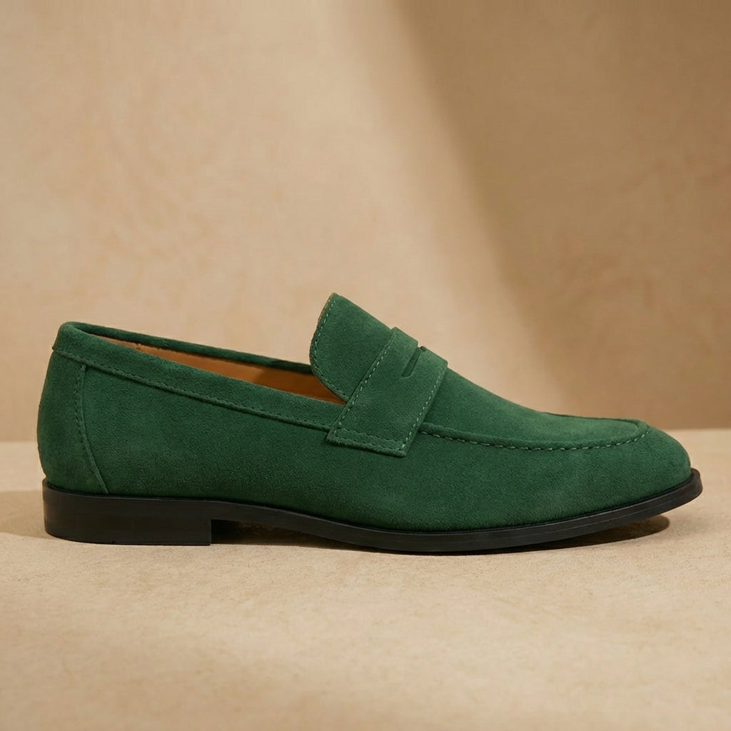 Green suede penny loafers