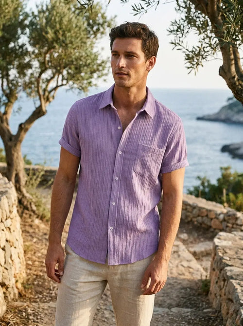 Women's Coastal Linen Shirt lifestyle - model wearing breathable linen shirt in a sunny coastal setting