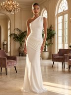 Female model wearing the one-shoulder pleated floor-length evening gown in a formal setting