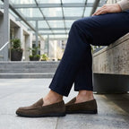 Man wearing Premium Suede Loafers with black sole, lifestyle