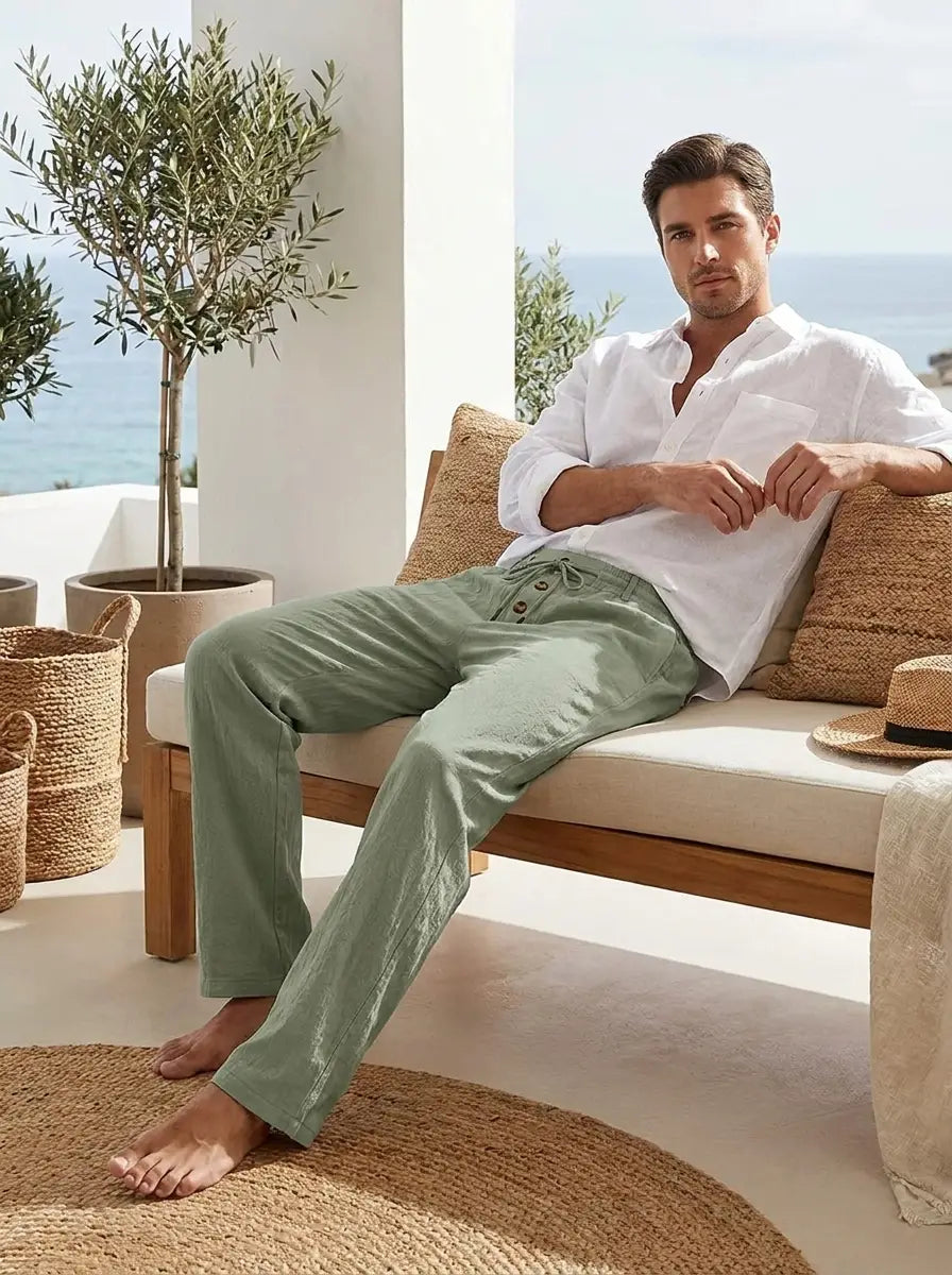 Male model wearing breathable linen-blend men's lounge pants with elastic drawstring waist