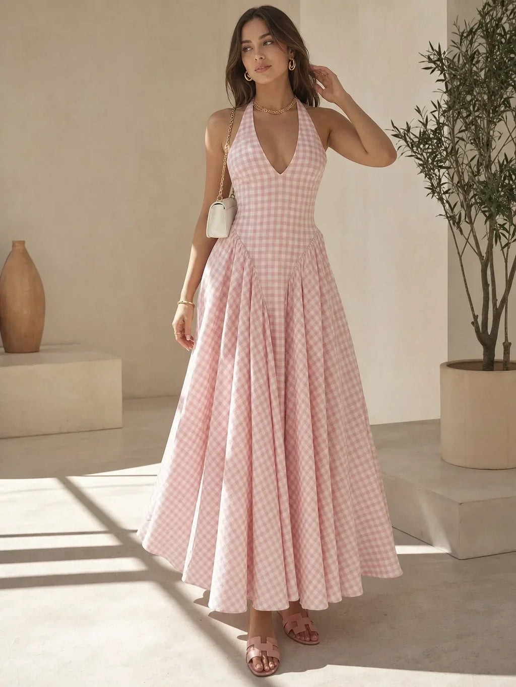 Women's Elegant French Style Pleated Maxi Dress – V-Neck Ruched...