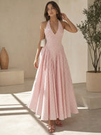 Women's Elegant French Style Pleated Maxi Dress – V-Neck Ruched...