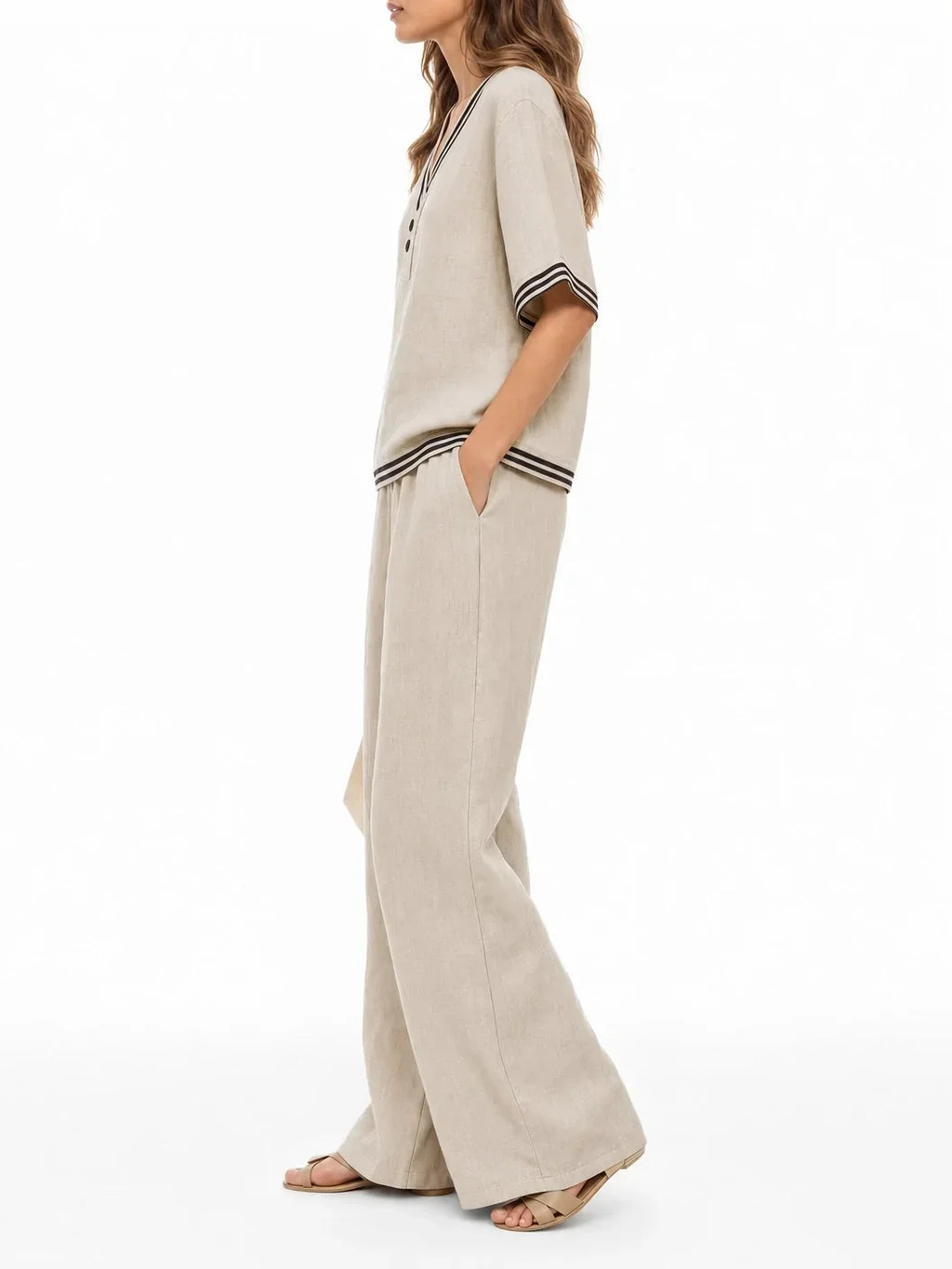Women's linen two-piece set, side view