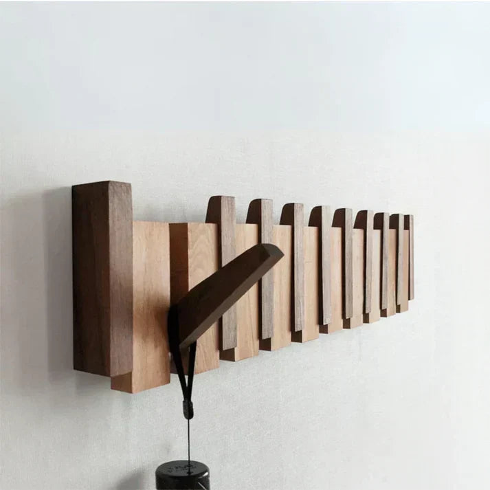 Wooden piano-shaped coat rack in walnut and beech wood